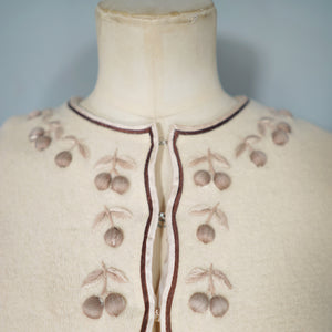 50s 60s BEIGE AND BROWN 3D CHERRY PATTERN WOOL CARDIGAN - S