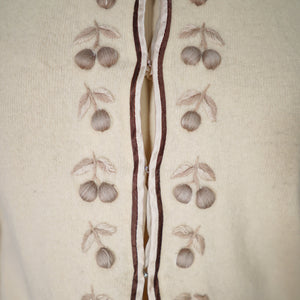 50s 60s BEIGE AND BROWN 3D CHERRY PATTERN WOOL CARDIGAN - S