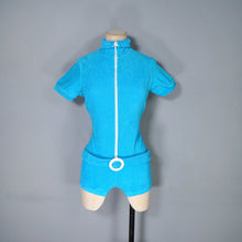 Load image into Gallery viewer, 70s BRIGHT TURQUOISE "PIPPA DEE" ZIP FRONT AND BELT ROMPER / PLAYSUIT - S