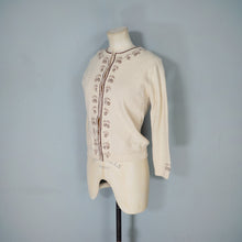 Load image into Gallery viewer, 50s 60s BEIGE AND BROWN 3D CHERRY PATTERN WOOL CARDIGAN - S