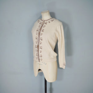 50s 60s BEIGE AND BROWN 3D CHERRY PATTERN WOOL CARDIGAN - S