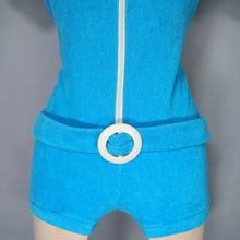 Load image into Gallery viewer, 70s BRIGHT TURQUOISE "PIPPA DEE" ZIP FRONT AND BELT ROMPER / PLAYSUIT - S