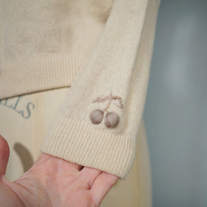 50s 60s BEIGE AND BROWN 3D CHERRY PATTERN WOOL CARDIGAN - S
