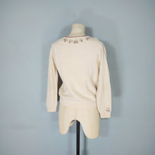 Load image into Gallery viewer, 50s 60s BEIGE AND BROWN 3D CHERRY PATTERN WOOL CARDIGAN - S