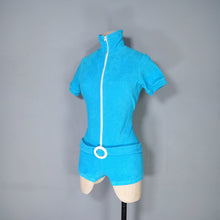 Load image into Gallery viewer, 70s BRIGHT TURQUOISE "PIPPA DEE" ZIP FRONT AND BELT ROMPER / PLAYSUIT - S