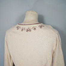 Load image into Gallery viewer, 50s 60s BEIGE AND BROWN 3D CHERRY PATTERN WOOL CARDIGAN - S