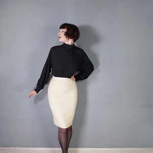 60s CREAM LILLI ANN THICK WOVEN WOOL SUIT WITH PENCIL SKIRT AND OPEN JACKET - XS-S