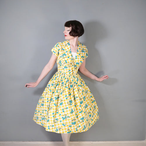 50s YELLOW AND BLUE CHERRY PRINT COTTON SUN DRESS AND BOLERO - S