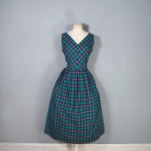 Load image into Gallery viewer, 50s 60s GREEN BLUE AND YELLOW TARTAN / PLAID COTTON DAY DRESS - M