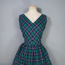 Load image into Gallery viewer, 50s 60s GREEN BLUE AND YELLOW TARTAN / PLAID COTTON DAY DRESS - M