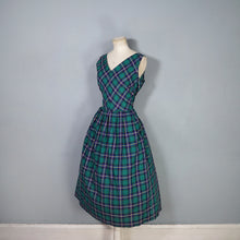 Load image into Gallery viewer, 50s 60s GREEN BLUE AND YELLOW TARTAN / PLAID COTTON DAY DRESS - M