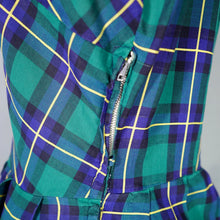 Load image into Gallery viewer, 50s 60s GREEN BLUE AND YELLOW TARTAN / PLAID COTTON DAY DRESS - M