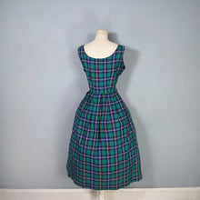 Load image into Gallery viewer, 50s 60s GREEN BLUE AND YELLOW TARTAN / PLAID COTTON DAY DRESS - M