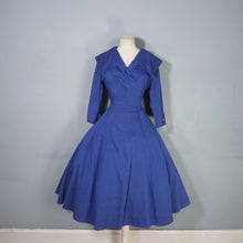 Load image into Gallery viewer, BLUE 50s 60s FIT AND FLARE DRESS WITH BIG COLLAR AND 3/4 SLEEVE - S