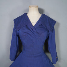 Load image into Gallery viewer, BLUE 50s 60s FIT AND FLARE DRESS WITH BIG COLLAR AND 3/4 SLEEVE - S