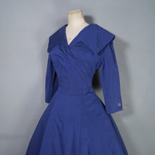 Load image into Gallery viewer, BLUE 50s 60s FIT AND FLARE DRESS WITH BIG COLLAR AND 3/4 SLEEVE - S