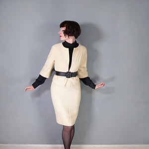 60s CREAM LILLI ANN THICK WOVEN WOOL SUIT WITH PENCIL SKIRT AND OPEN JACKET - XS-S