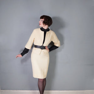 60s CREAM LILLI ANN THICK WOVEN WOOL SUIT WITH PENCIL SKIRT AND OPEN JACKET - XS-S