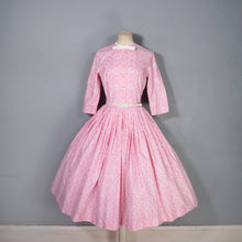 Load image into Gallery viewer, 50s FREDERICA STARKE of LONDON PINK AND CREAM SWIRLY SUN PRINT FULL SKIRTED SHIRT DRESS - XS