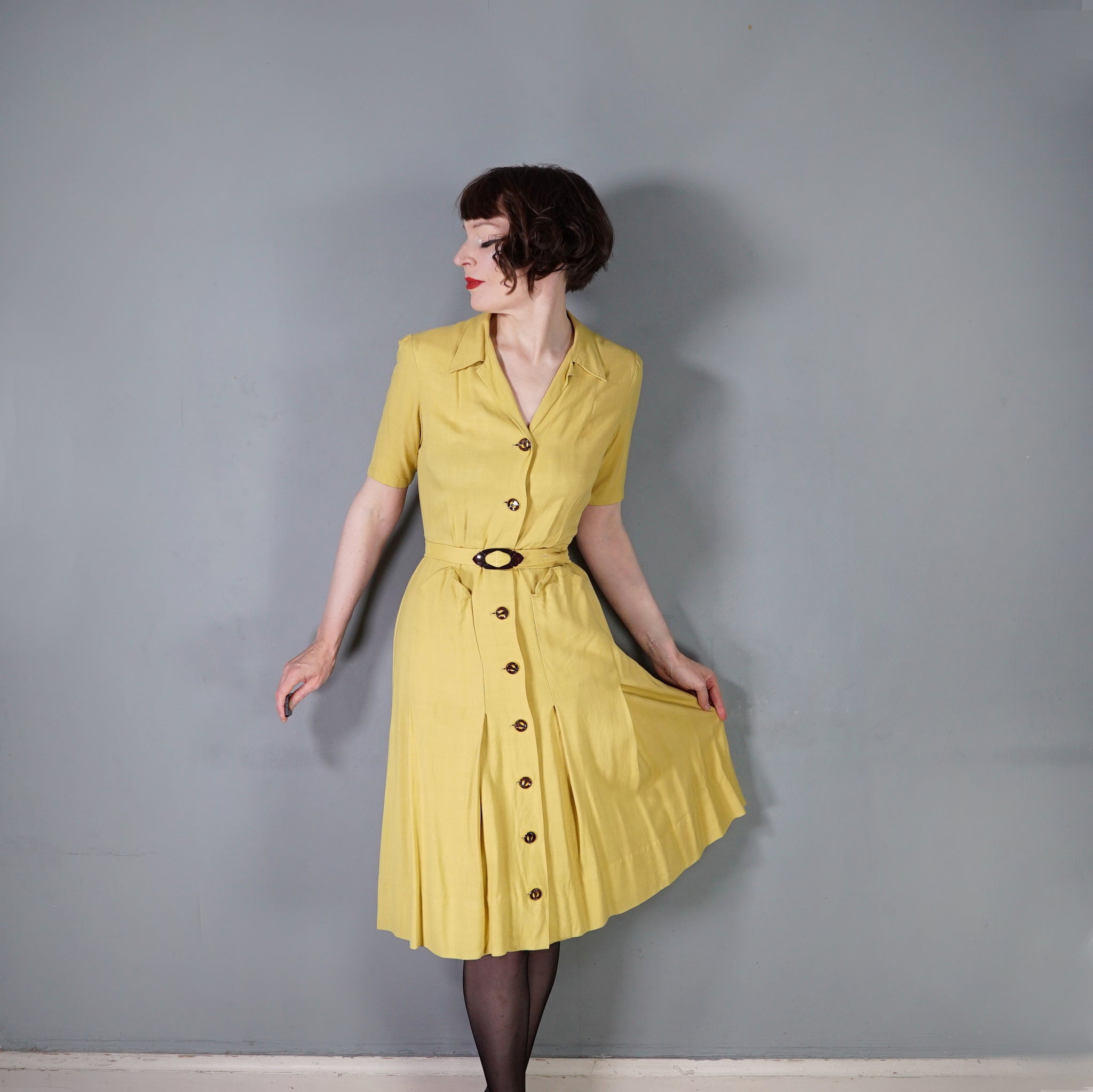 40s MUSTARD YELLOW FITTED BUTTON THROUGH DRESS WITH BELT - S Sartorial Matters 40s MUSTARD YELLOW FITTED BUTTON THROUGH DRESS WITH BELT - S Sartorial Matters