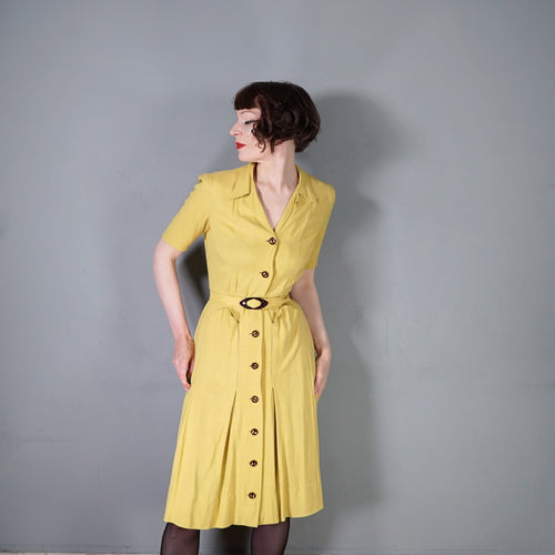 40s MUSTARD YELLOW FITTED BUTTON THROUGH DRESS WITH BELT - S