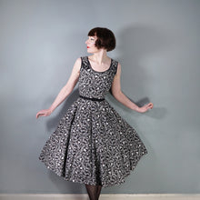 Load image into Gallery viewer, 50s BLACK AND WHITE DANCER NOVELTY PRINT FULL SKIRTED COTTON DRESS - S