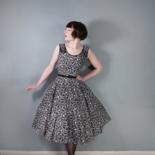 Load image into Gallery viewer, 50s BLACK AND WHITE DANCER NOVELTY PRINT FULL SKIRTED COTTON DRESS - S