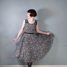 Load image into Gallery viewer, 50s BLACK AND WHITE DANCER NOVELTY PRINT FULL SKIRTED COTTON DRESS - S
