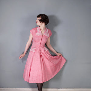40s PINK ZIP FRONT TEA DRESS WITH BRODERIE ANGLAISE COLLAR AND POCKET - S