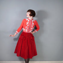 Load image into Gallery viewer, 50s CORAL RED SOFTEST WOOL CARDIGAN WITH WHITE GLASS BEAD EMBELLISHMENT - XS