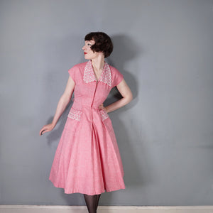 40s PINK ZIP FRONT TEA DRESS WITH BRODERIE ANGLAISE COLLAR AND POCKET - S