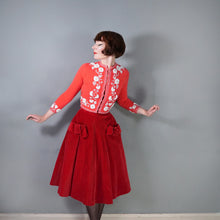 Load image into Gallery viewer, 50s CORAL RED SOFTEST WOOL CARDIGAN WITH WHITE GLASS BEAD EMBELLISHMENT - XS