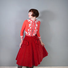Load image into Gallery viewer, 50s CORAL RED SOFTEST WOOL CARDIGAN WITH WHITE GLASS BEAD EMBELLISHMENT - XS