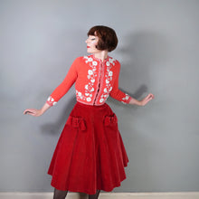 Load image into Gallery viewer, 50s CORAL RED SOFTEST WOOL CARDIGAN WITH WHITE GLASS BEAD EMBELLISHMENT - XS