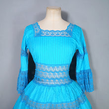 Load image into Gallery viewer, 60s / 70s VIVID TURQUOISE LACE AND PIN TUCK MEXICAN FULL SKIRTED DRESS - XS-S