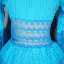 Load image into Gallery viewer, 60s / 70s VIVID TURQUOISE LACE AND PIN TUCK MEXICAN FULL SKIRTED DRESS - XS-S