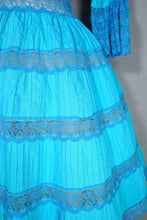 Load image into Gallery viewer, 60s / 70s VIVID TURQUOISE LACE AND PIN TUCK MEXICAN FULL SKIRTED DRESS - XS-S