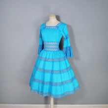 Load image into Gallery viewer, 60s / 70s VIVID TURQUOISE LACE AND PIN TUCK MEXICAN FULL SKIRTED DRESS - XS-S