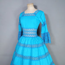 Load image into Gallery viewer, 60s / 70s VIVID TURQUOISE LACE AND PIN TUCK MEXICAN FULL SKIRTED DRESS - XS-S