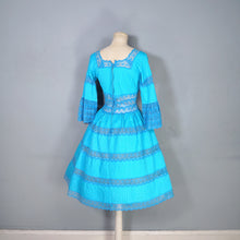 Load image into Gallery viewer, 60s / 70s VIVID TURQUOISE LACE AND PIN TUCK MEXICAN FULL SKIRTED DRESS - XS-S