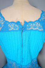 Load image into Gallery viewer, 60s / 70s VIVID TURQUOISE LACE AND PIN TUCK MEXICAN FULL SKIRTED DRESS - XS-S