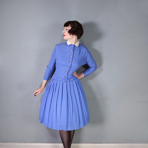 50s FLECKED BLUE DROP WAISTED LONG SLEEVE AUTUMN DRESS - S
