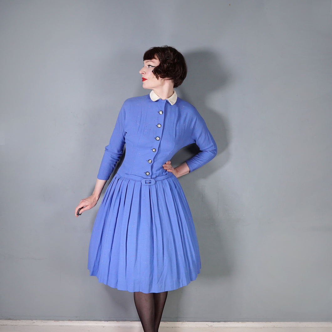 50s FLECKED BLUE DROP WAISTED LONG SLEEVE AUTUMN DRESS - S