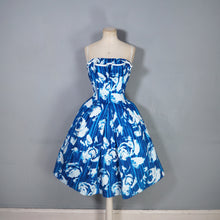 Load image into Gallery viewer, 60s "WENDY" BOLD BLUE AND WHITE PRINT FIT AND FLARE DRESS - XS-S