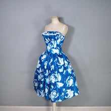 Load image into Gallery viewer, 60s "WENDY" BOLD BLUE AND WHITE PRINT FIT AND FLARE DRESS - XS-S