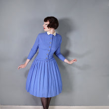 Load image into Gallery viewer, 50s FLECKED BLUE DROP WAISTED LONG SLEEVE AUTUMN DRESS - S