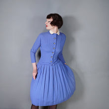 Load image into Gallery viewer, 50s FLECKED BLUE DROP WAISTED LONG SLEEVE AUTUMN DRESS - S