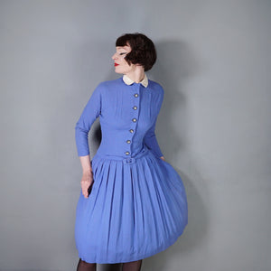 50s FLECKED BLUE DROP WAISTED LONG SLEEVE AUTUMN DRESS - S