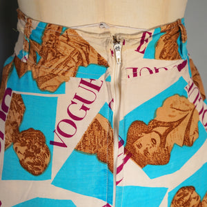 70s NOVELTY FASHION / MAGAZINE LADY PORTRAIT "VOGUE" A-LINE SKIRT - 25"