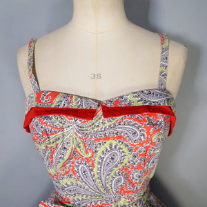 EARLY 50s BRIGHT GREEN AND RED PAISLEY PRINT SUN DRESS AND BOLERO - XS